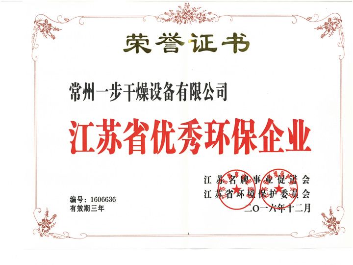 江苏省优秀环保企业证书